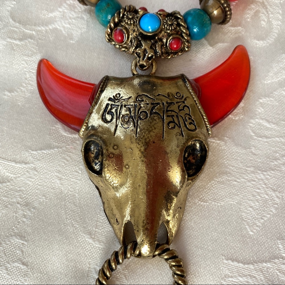Tibetan Necklace Yak Head, Red Horns, Red and Turquoise Color Beads, Wood Beads - Picture 8 of 9